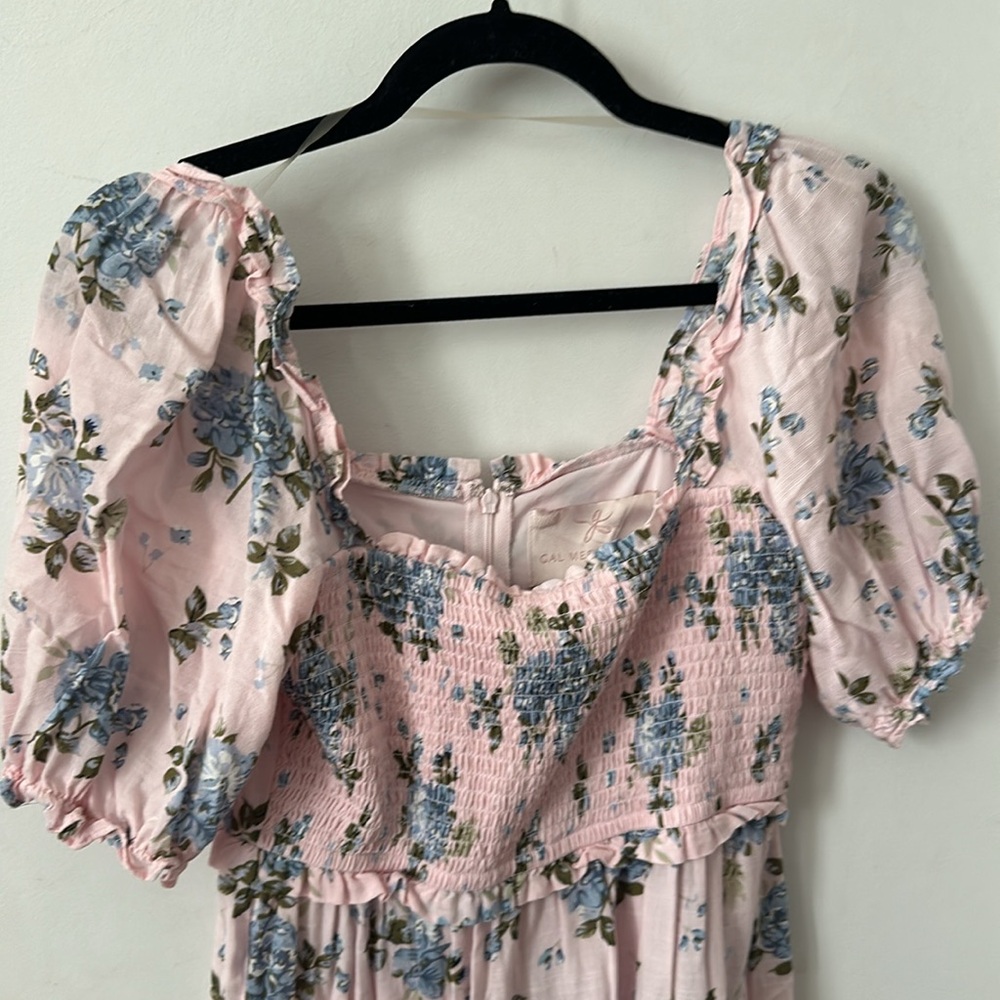 Gal Meets Glam Isabel Smocked Midi Dress Pink Blue Floral Print Size 0 - Picture 3 of 6
